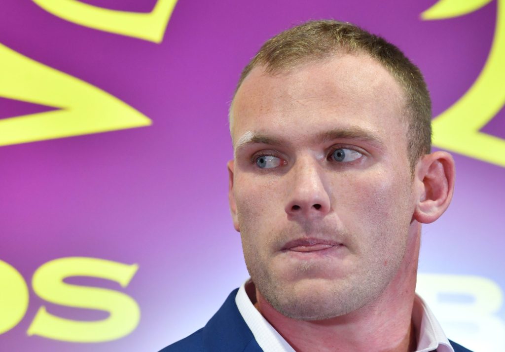 Brisbane Broncos player Matt Lodge is seen during a press conference at the Clive Berghofer Centre in Brisbane, Wednesday, June 20, 2018. Lodge spoke to the media to announce that he has reached a confidential settlement with the victims of his New York rampage in 2015. (AAP Image/Darren England) NO ARCHIVING