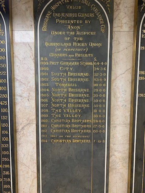 The original plaque showing Brisbane's Hospital Cup winners