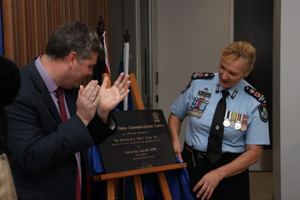 Police Minister Mark Ryan and Police Commissioner Katarina Carroll opening the Townsville Police Communications Centre last year. Source: QPS