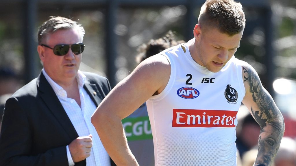 Jordan de Goey (right) and club president Eddie McGuire of the Collingwood Magpies is seen during training at the Holden Centre in Melbourne, Thursday, September 19, 2019. (AAP Image/Julian Smith) NO ARCHIVING