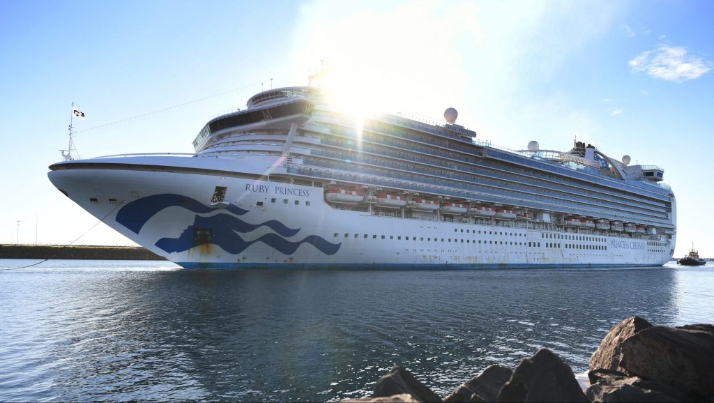 The Ruby Princess, seen docking at Port Kembla,at the height of the Covid crisis.  (AAP Image/Dean Lewins) 