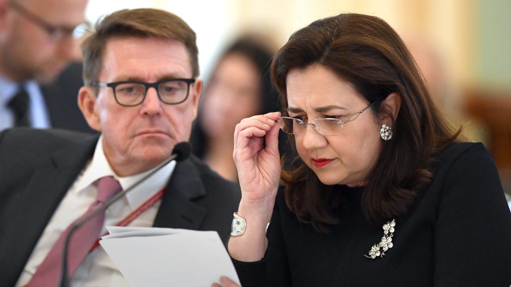 Premier Annastacia Palaszczuk fronts parliamentary estimates with her former director-general, Dave Stewart. Her government has introduced 28 administrative arrangement orders since it was elected in 2015. (Photo: AAP Image/Dave Hunt) 