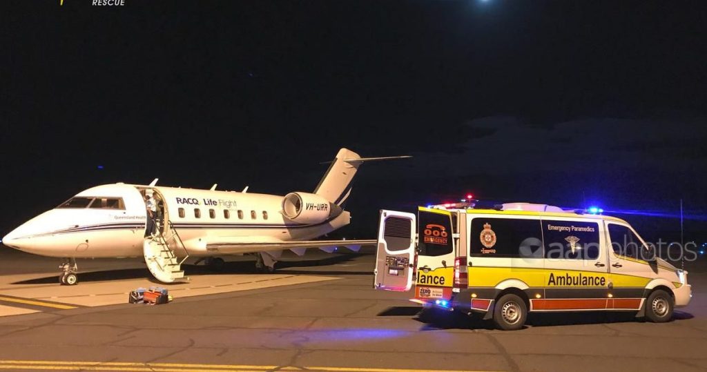 One of the injured miners is airlifted back to Brisbane for treatment (RACQ LifeFlight).