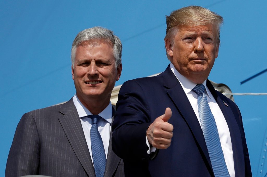 President Donald Trump, pictured with national security adviser Robert O'Brien, has raised concerns over a 'rigged election'. (AP Photo/Evan Vucci)