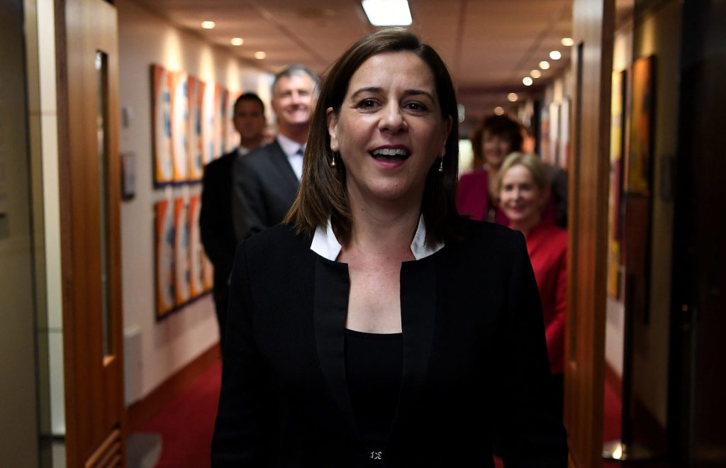 LNP leader Deb Frecklington (centre) with treasury spokesman Tim Mander (left) and Ros Bates (right). (Photo: AAP Image/Dan Peled)