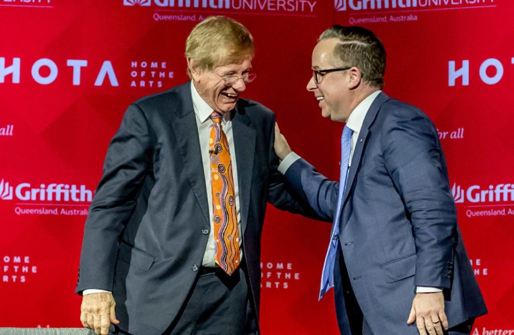 Kerry O'Brien with Qantas chief Alan Joyce at HOTA last night. 