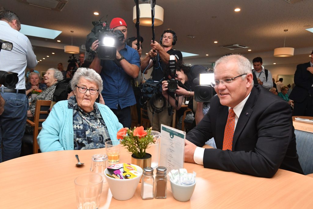 Prime Minister Scott Morrison at an aged care facility at Grovedale near Geelong. (AAP Image/Mick Tsikas)