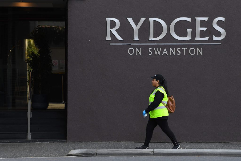 General view of the exterior Rydges on Swanston hotel in Melbourne, Tuesday, July 14, 2020. Rydges on Swanston and Stamford Plaza hotels have been identified as the source of Melbourne's coronavirus outbreaks. (AAP Image/James Ross) NO ARCHIVING