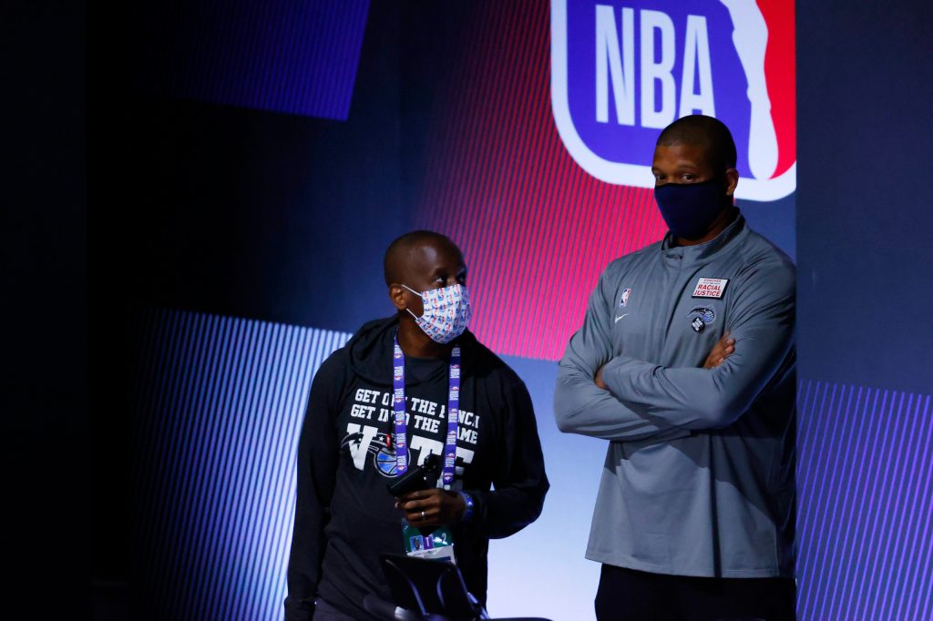 Orlando Magic assistant coach Mike Batiste looks on before Game 5 of an NBA basketball first-round playoff series, where NBA players made their strongest statement yet against racial injustice. (Photo: Kevin C. Cox/Pool Photo via AP)