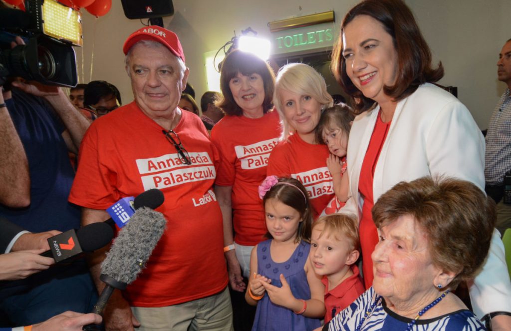 Premier Annastacia Palaszczuk poses with her family including father Henry (L) and grandmother Beryle Erskine (R) at an election night function at Lions Richlands Club after her 2015 election win.  (AAP Image/John Pryke)