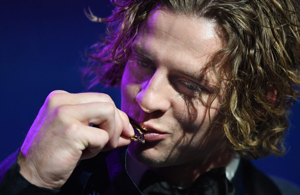Nat Fyfe of the Fremantle Dockers reacts after winning the 2019 Brownlow Medal. (Photo: AAP Image/Julian Smith)