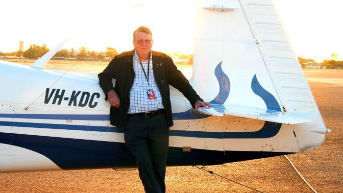 Flying optometrist Geoffrey Fitzpatrick at the Longreach Airport after flying his Mooney 2005 from the Sunshine Coast. (Photo: ABC)