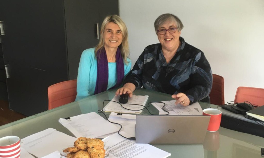 Brisbane GP Dr Johanna Skinner and editor, Jane Connolly, at work compiling their anthology, Stories From the Heart (Photo: Jo Skinner)