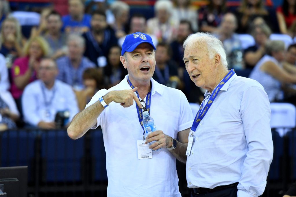 Domino's CEO Don Meij (left) and Jack Cowin (right), owner of Hungry Jack's, (AAP Image/Darren England) 