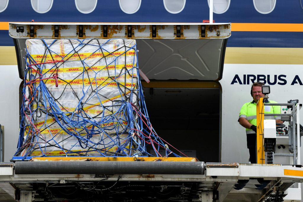 The first Australian shipment of Pfizer COVID-19 vaccines arrived in Australia in February. (AAP Image/Bianca De Marchi) 
