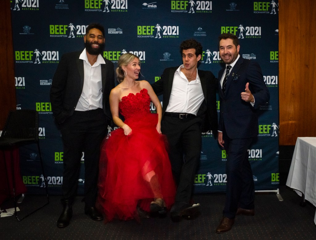 Beef Australia chair Bryce Camm (right) with Opera Queensland performers, from left: Marcus Corowa, Irena Lysiuk and Jonathan Hickey. (Photo: Supplied).