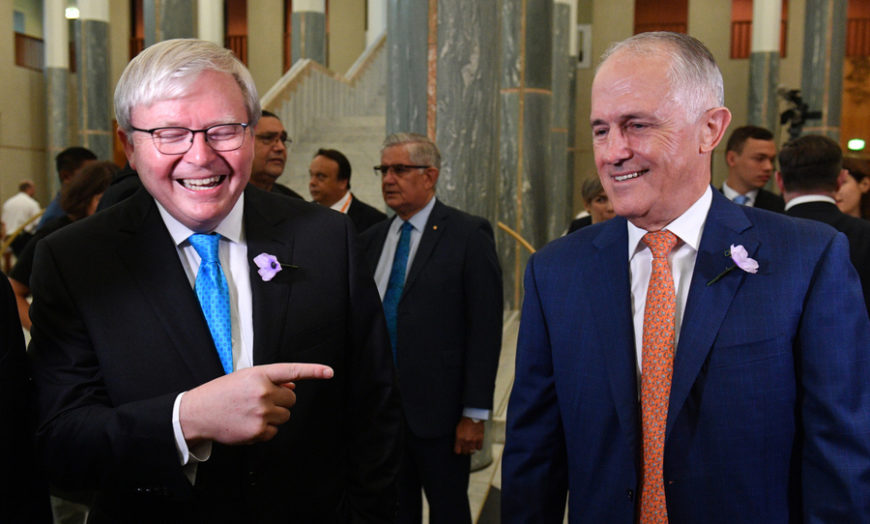 Rejected Prime Ministers Kevin Rudd and Malcolm Turnbull are united in their disdain for Scott Morrison, and the Murdoch media (AAP image).