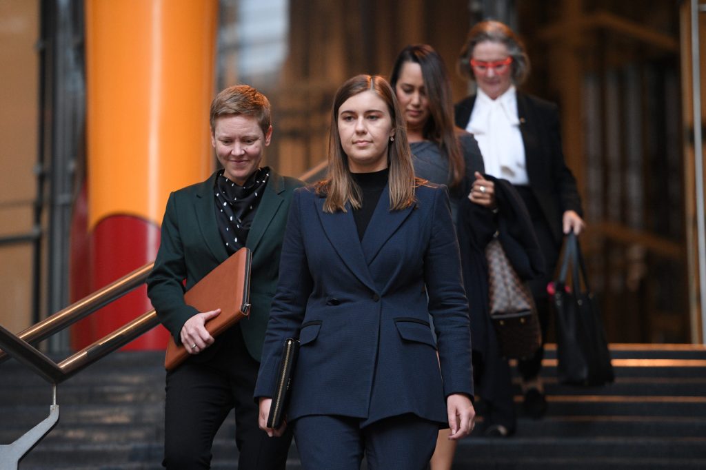 Former political staffer Brittany Higgins speaks to the media as she  leaves the Commonwealth Parliamentary Offices after meeting with Prime Minister Scott Morrison in Sydney. (AAP Image/Dean Lewins) 