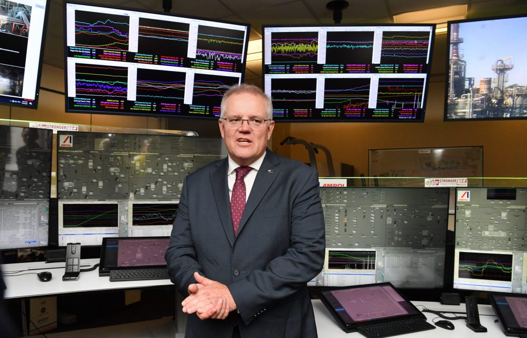 Prime Minister Scott Morrison at the Ampol Lytton Refinery in Brisbane (AAP Image/Darren England) 