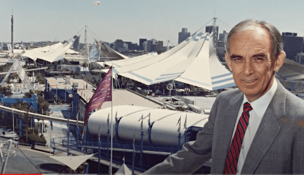 Sir Llew Edwards at the scene of his greatest achievement, Brisbane's World Expo 88 (image: Youtube)
