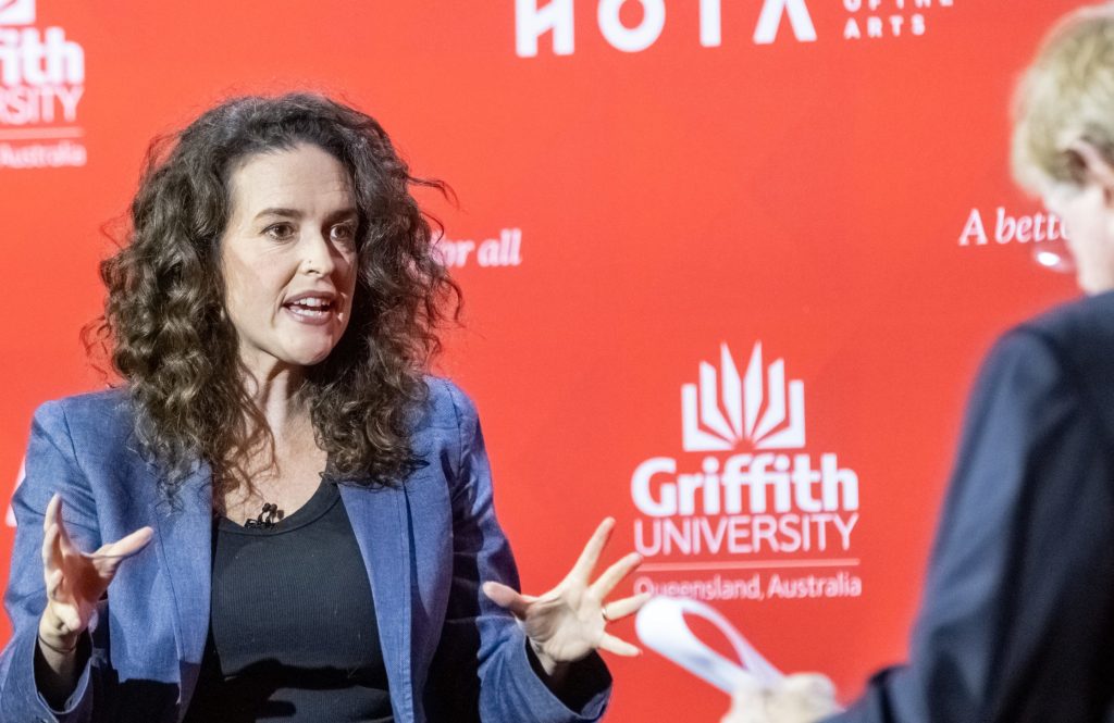 Jess Hill is interviews by Kerry O'Brien in the Griffith University In Conversation series (Pic: Griffith University)