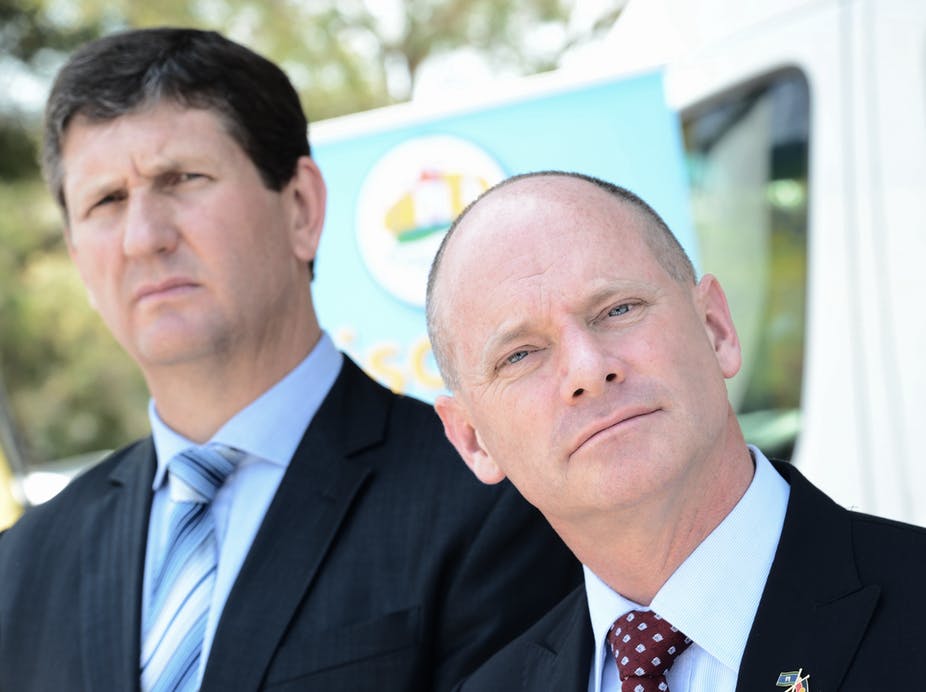Coming and going: Former LNP parliamentary leaders Lawrence Springborg, left, who has just returned to the party as its new president; and ex-Premier Campbell Newman, who has quit the party in a fit of pique. (Photo: AAP)
