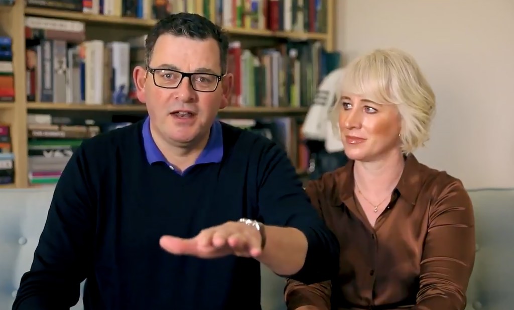 A screen grab from a video of Victorian Premier Daniel Andrews and his wife Catherine speaking about his serious fall and spinal injury. (AAP Image/Supplied by Daniel Andrews MP Social Media)
