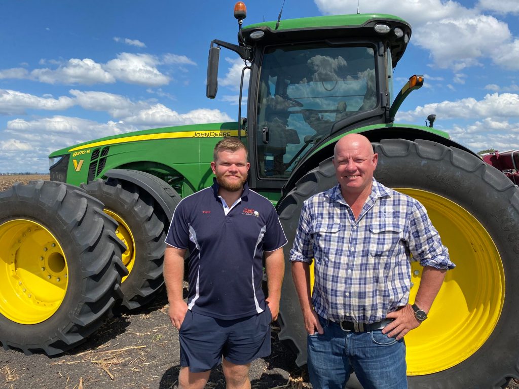 Cecil Plains cotton grower Tyson Armitage (left) with Cotton Australia regional manager Rob Crothers says prospects are strong for farming. (Photo: Supplied).