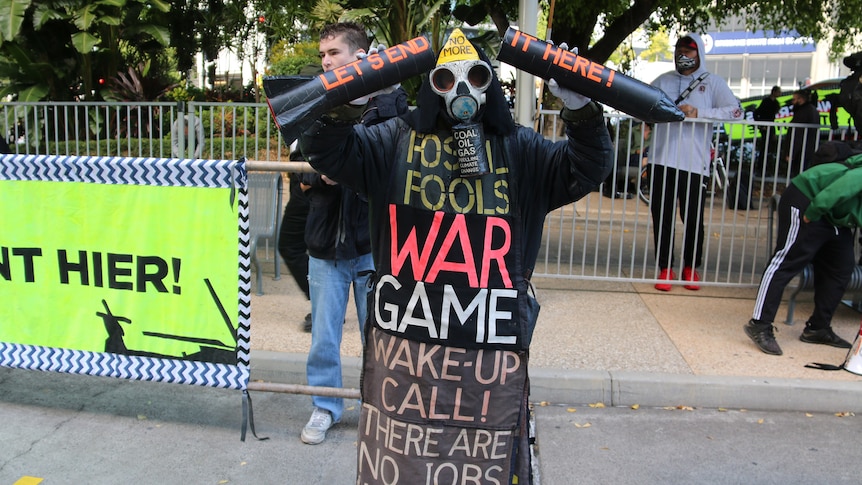 Thumbnail for Protestors target $4m defence expo, claiming it is ‘profiting from war’