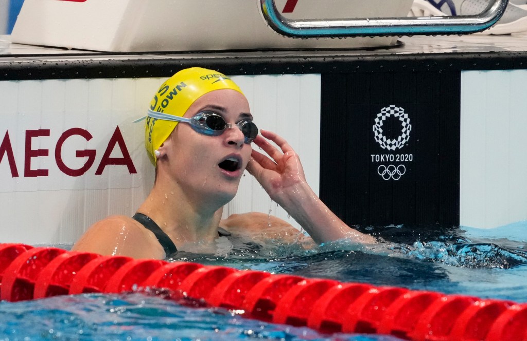 Jul 25, 2021; Tokyo, Japan; Kaylee McKeown (AUS) after the women's 100m backstroke heats during the Tokyo 2020 Olympic Summer Games at Tokyo Aquatics Centre. Mandatory Credit: Rob Schumacher/USA TODAY Sports/Sipa USA/AAP Image