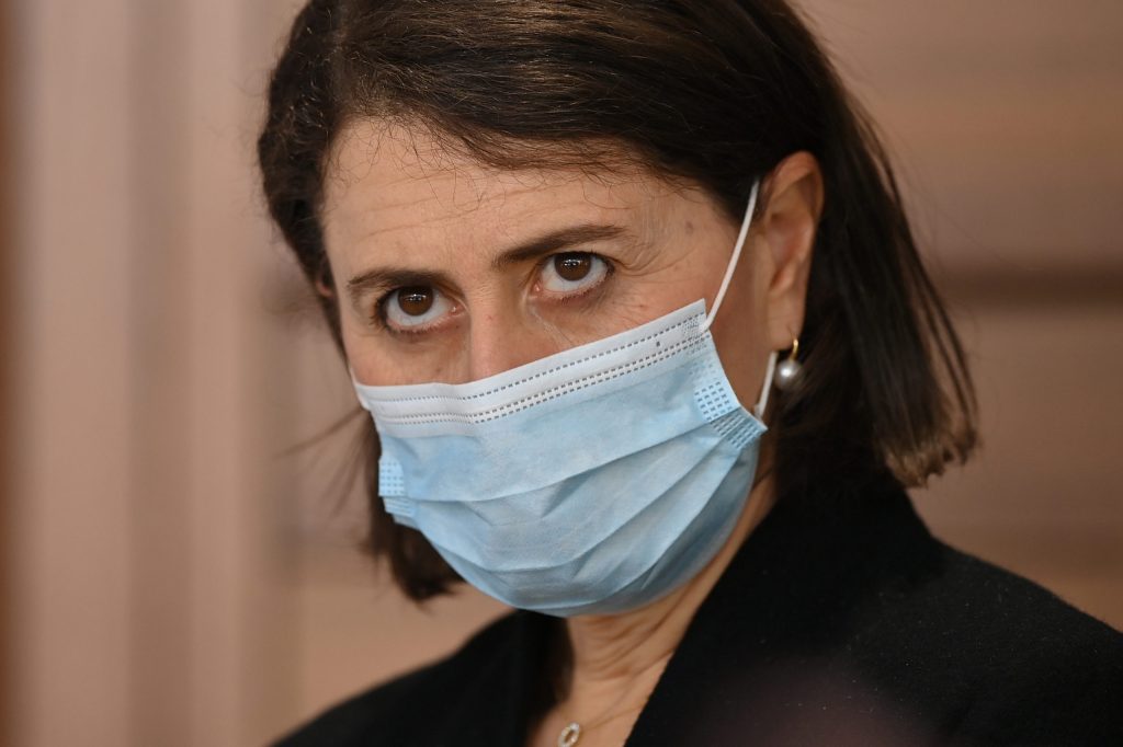 NSW Premier Gladys Berejiklian looks on during a press conference in  Sydney.. (AAP Image/Joel Carrett) 