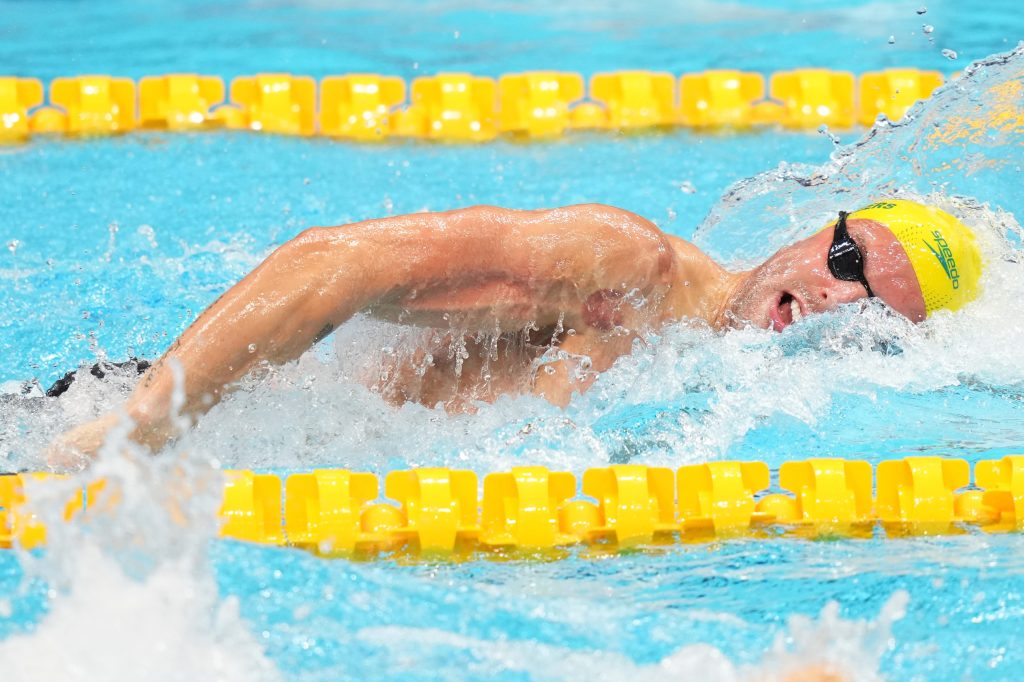 Kyle Chalmers of Australia competes in the Men’s 4 x 200m Freestyle Relay Final at the Tokyo Aquatics Centre. (AAP Image/Joe Giddens) 