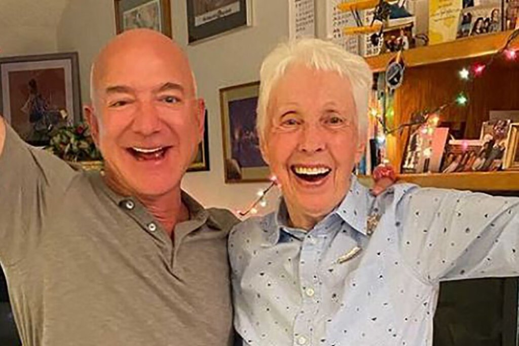 Amazon boss Jeff Bezos and Mary Wallace (Wally) Funk, who will both be on the inaugural Blue Origin flight into space, six decades after she first qualified as an astronaut. (Image: Supplied, Blue Origin)