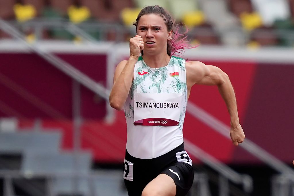 Krystsina Tsimanouskaya, of Belarus, in the women's 100-metres.  She alleged her Olympic team tried to remove her from Japan in a dispute that led to a standoff. (AP Photo/Martin Meissner)