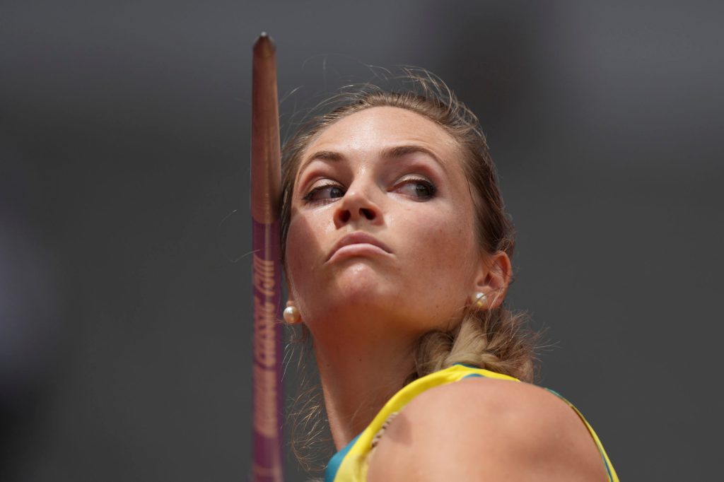 Kelsey-Lee Barber, of Australia, competes in qualifications for the women's javelin throw at the 2020 Summer Olympics, Tuesday, Aug. 3, 2021, in Tokyo. (AP Photo/Matthias Schrader)