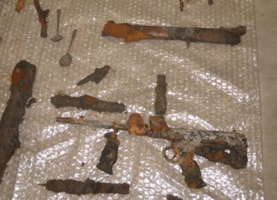 Discarded weapons, surgical equipment and utensils have previously been found buried or dumped in dams at Damascus Barracks. (Source: G-tek, Parsons Brinckerhoff) 