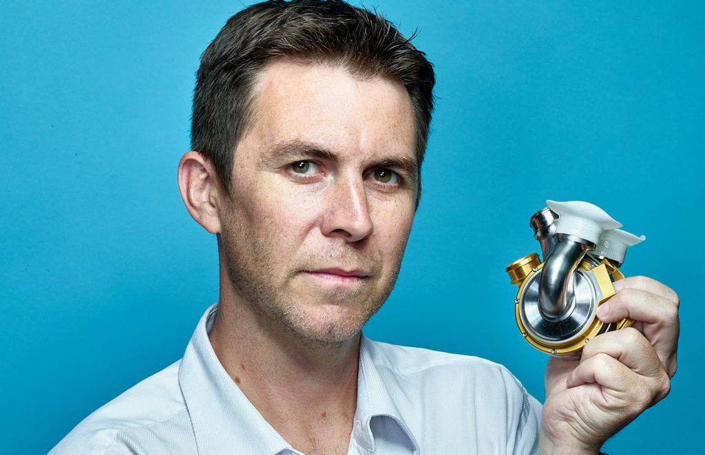 BiVACOR CEO Daniel Timms with artifical heart, being tested  at Griffith University's mechanobiology lab on the Gold Coast. (Image, Supplied)
