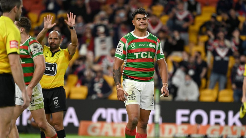 Rabbitohs player Latrell Mitchell is sent to the Bin following a high tackle on Joseph Manu of the Roosters last weekend. (AAP Image/Supplied by NRL Photos, Grant Trouville) 