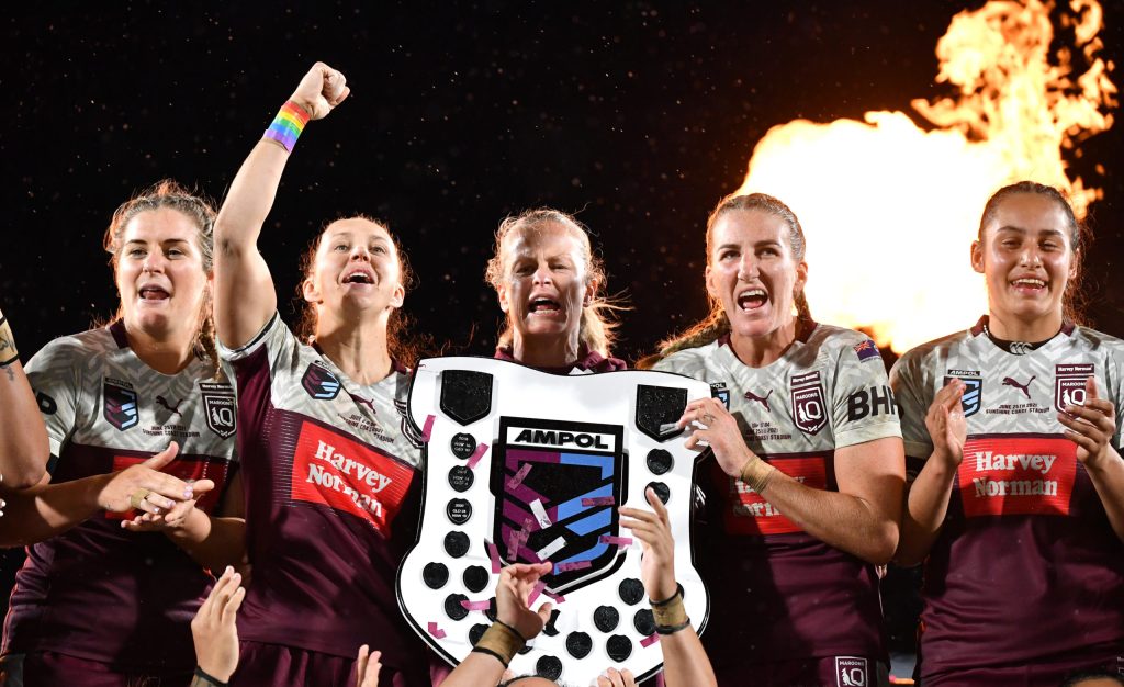 Maroons team mates celebrate winning the 2021 Women’s State of Origin. (AAP Image/Darren England) 