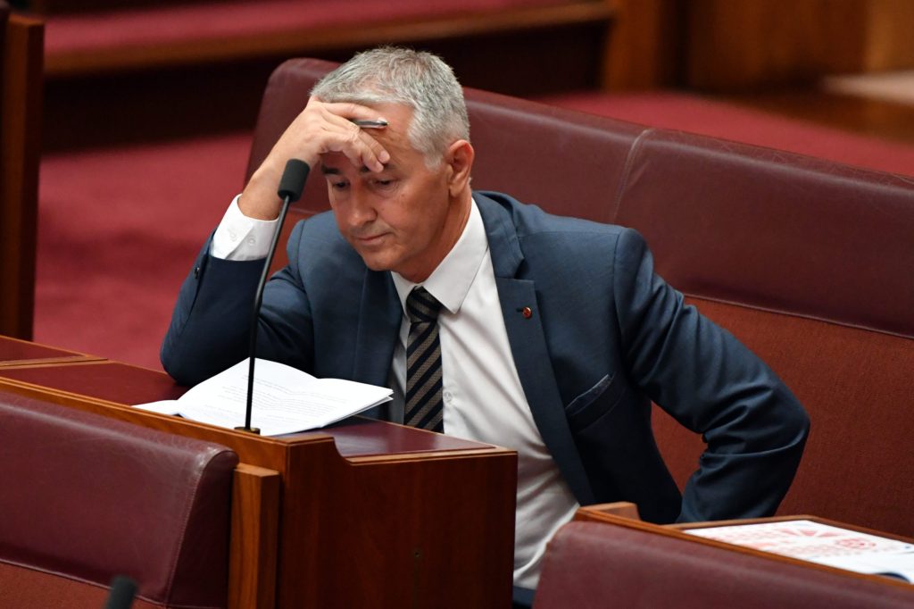 Liberal Senator Gerrard Rennick during debate on One Nation leader Senator Pauline Hanson’s vaccine discrimination bill in the Senate chamber at Parliament House in Canberra, Monday. (AAP Image/Mick Tsikas) 