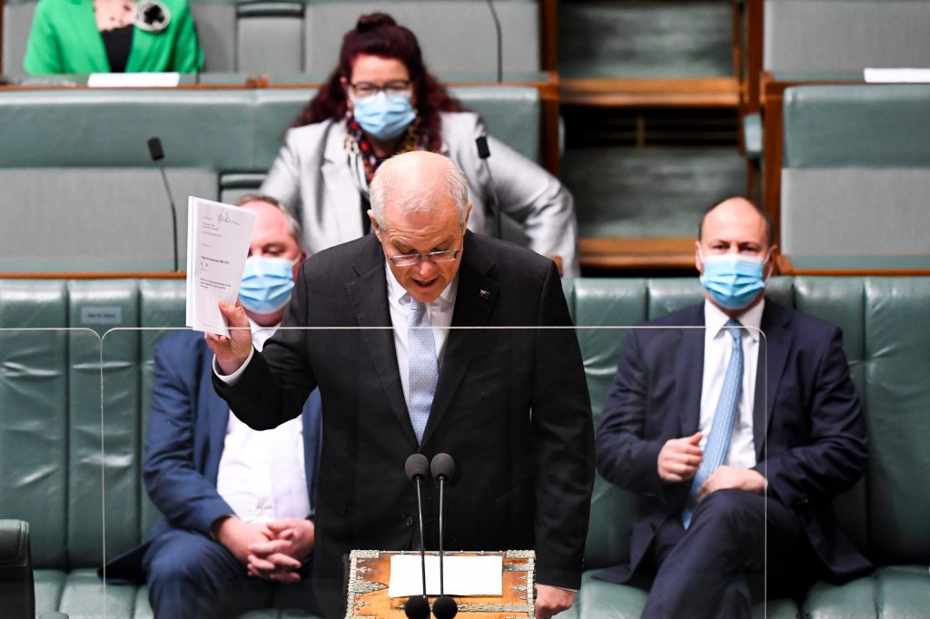 Australian Prime Minister Scott Morrison introduces the Religious Discrimination Bill in the House of Representatives at Parliament House. (AAP Image/Lukas Coch) 