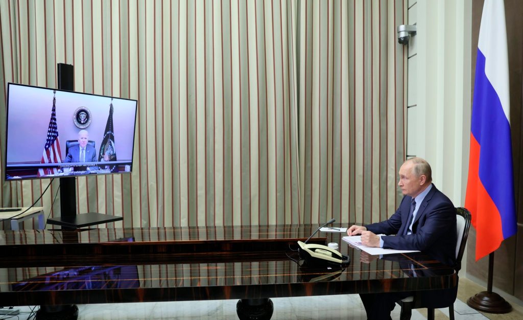 Russian President Vladimir Putin is shown during his talks with U.S. President Joe Biden via videoconference in the Bocharov Ruchei residence in the Black Sea resort of Sochi. (Mikhail Metzel, Sputnik, Kremlin Pool Photo via AP)