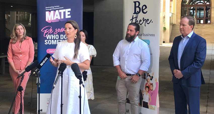 MATE Bystander Director Shaan Ross-Smith with Queensland Attorney-General and Minister for the Prevention of Domestic and Family Violence Shannon Fentiman, MATE Ambassador Rhys Carroll and Telstra representative Gaven Nicholls. (Image: Griffith University)