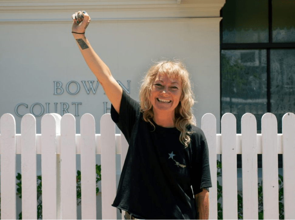 Activist Juliet Lamont outside the Bowen Magistrates Court