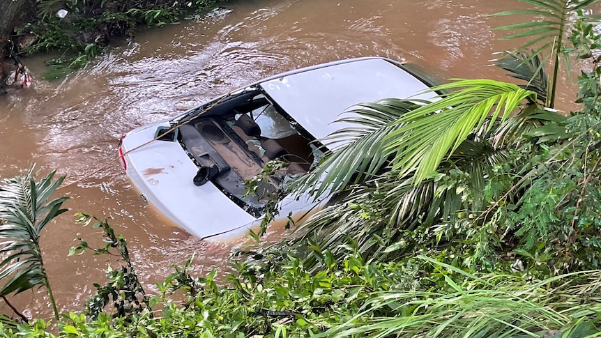 It took emergency services hours to locate the car in which a 44-year-old woman died after the vehicle was swept into Little Cabbage Tree Creek in Aspley.(ABC News: Michael Rennie)