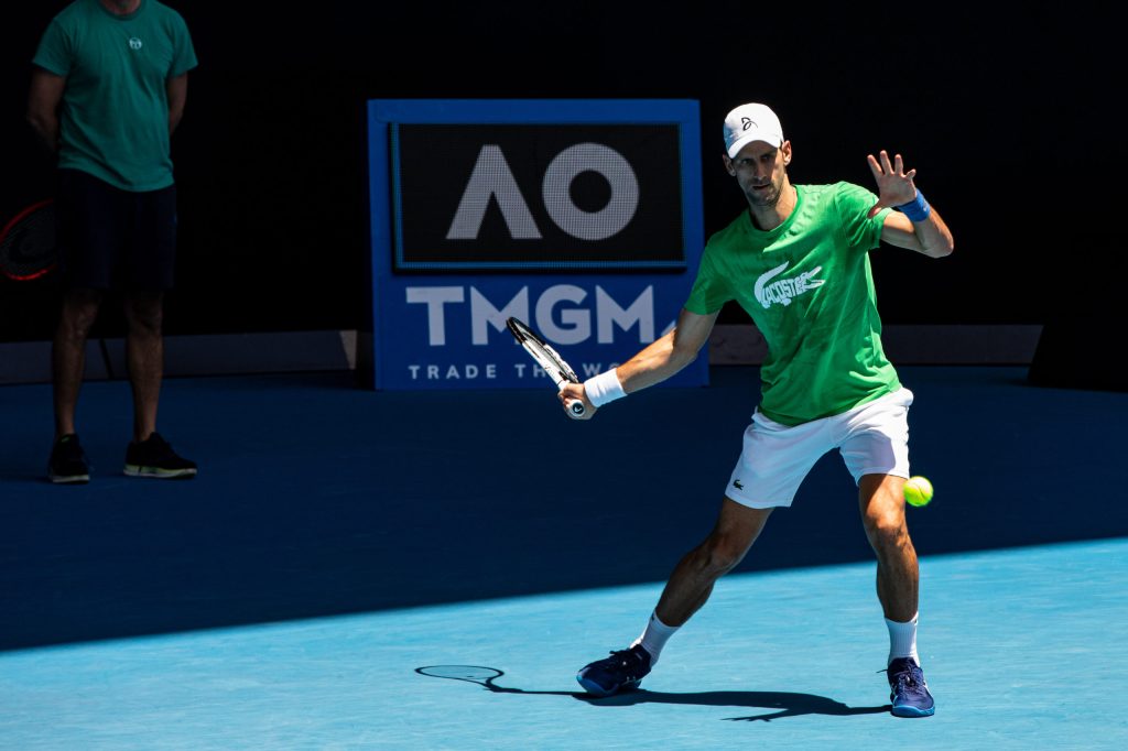 Novak Djokovic during a training session at Melbourne Park. The defending Australian Open champion remains in limbo awaiting a decision from Immigration Minister Alex Hawke. (AAP Image/Diego Fedele) 
