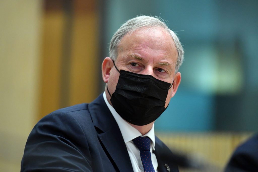 Minister for Aged Care Services Richard Colbeck appears before the Senate Covid Committee at Parliament House in Canberra. (AAP Image/Mick Tsikas)
