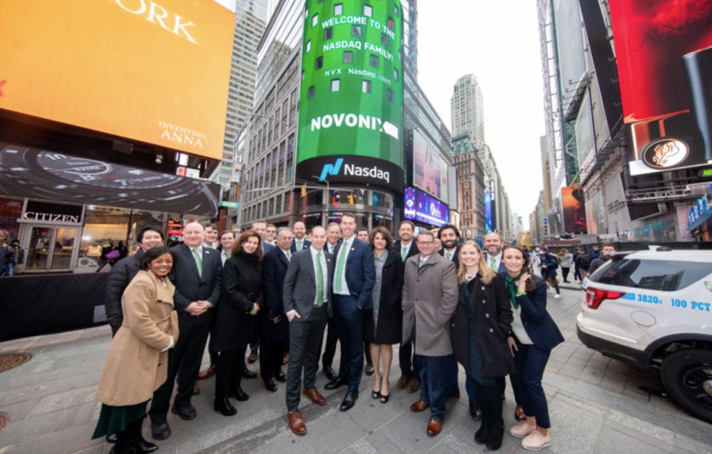 The Novonix team, with Chris Burns (centre) outside the Nasdaq