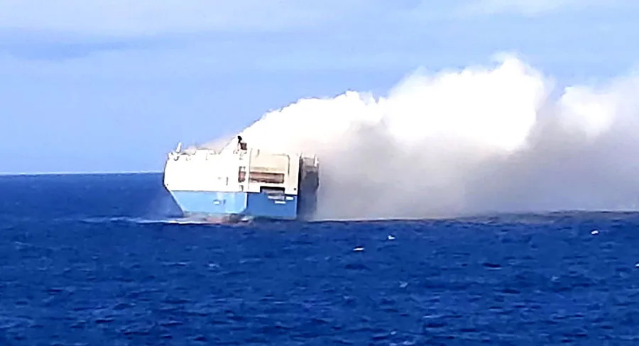 The Felicity Ace burns in waters off the Azores - with thousands of luxury cars lost. (Image: Arabnews).