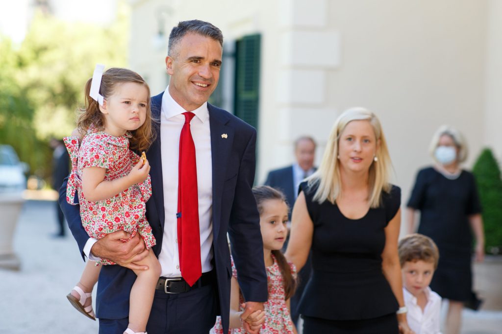 Incoming SA Premier Peter Malinauskas arrives with his wife Annabel and three children, Sophie, Jack and Eliza at Government House in Adelaide. (AAP Image/Matt Turner) 